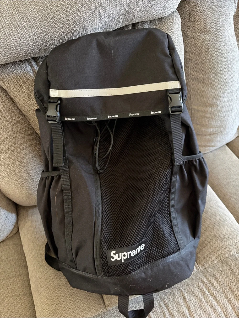 Supreme Black Mesh-Front Backpack with Reflective Trim